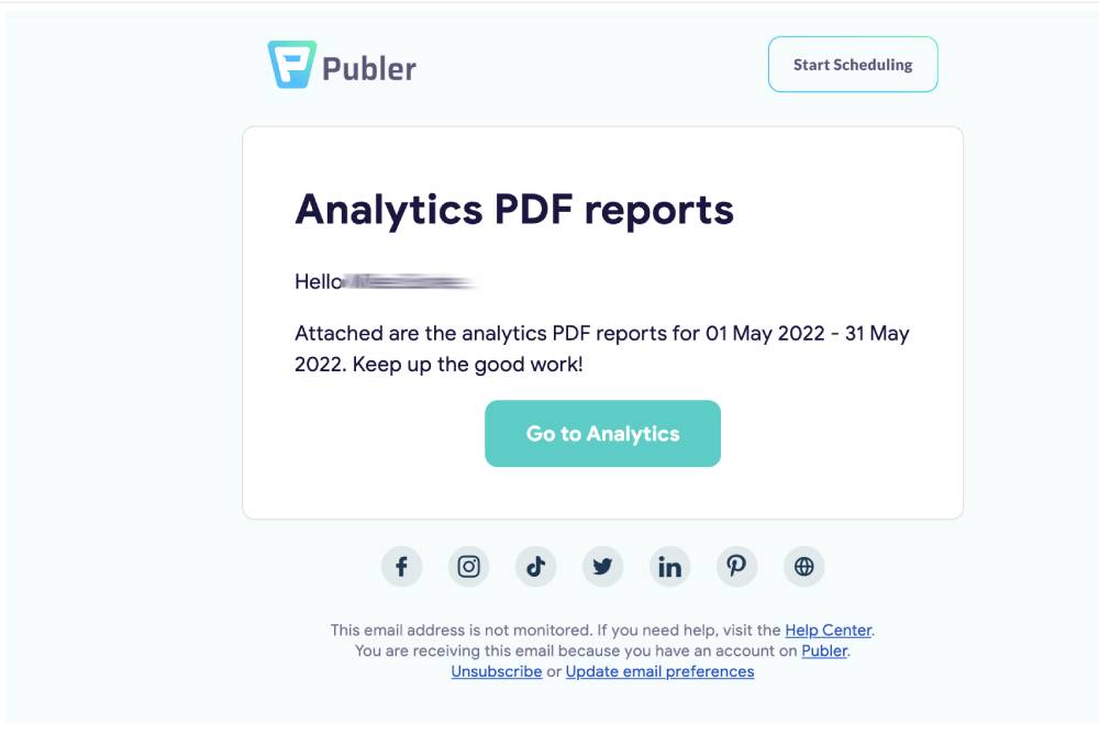 Monthly reporting email Publer